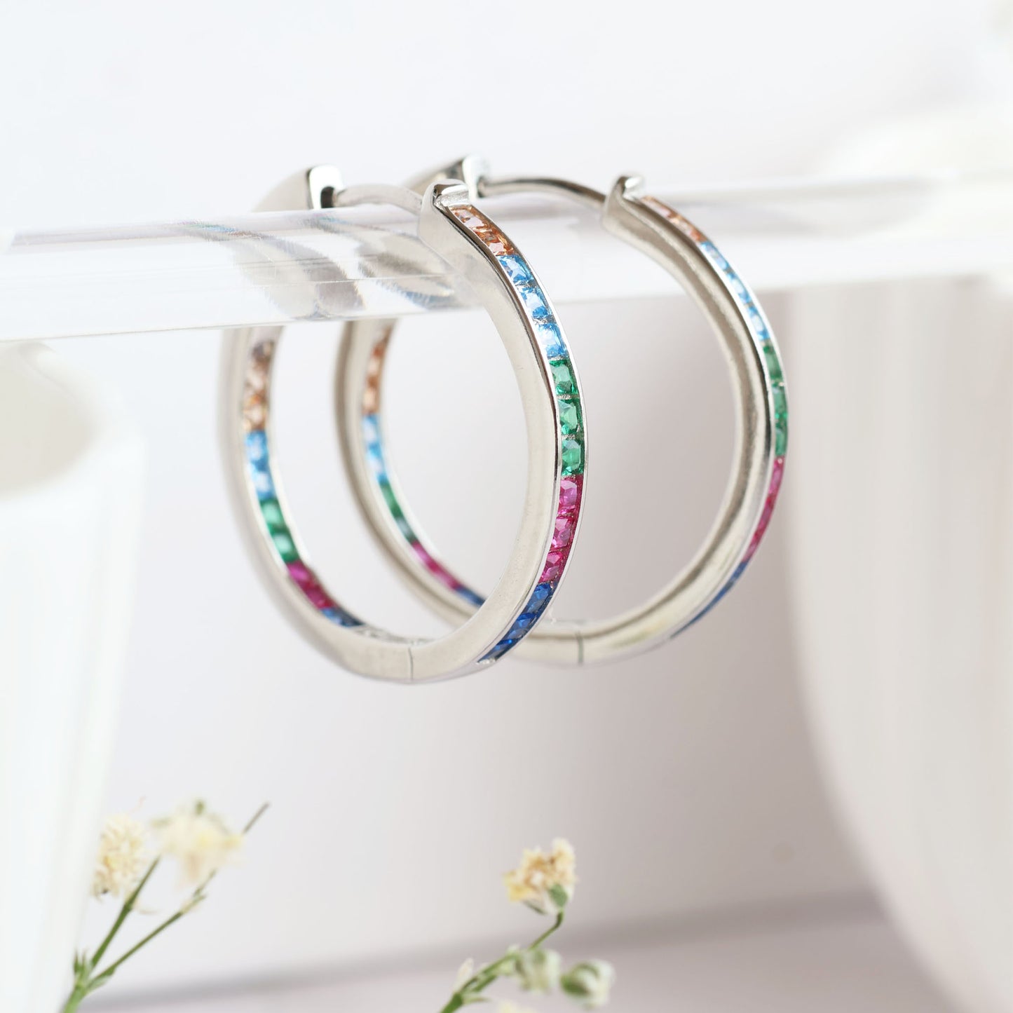 Silver Hoop Earrings with Coloured Stones