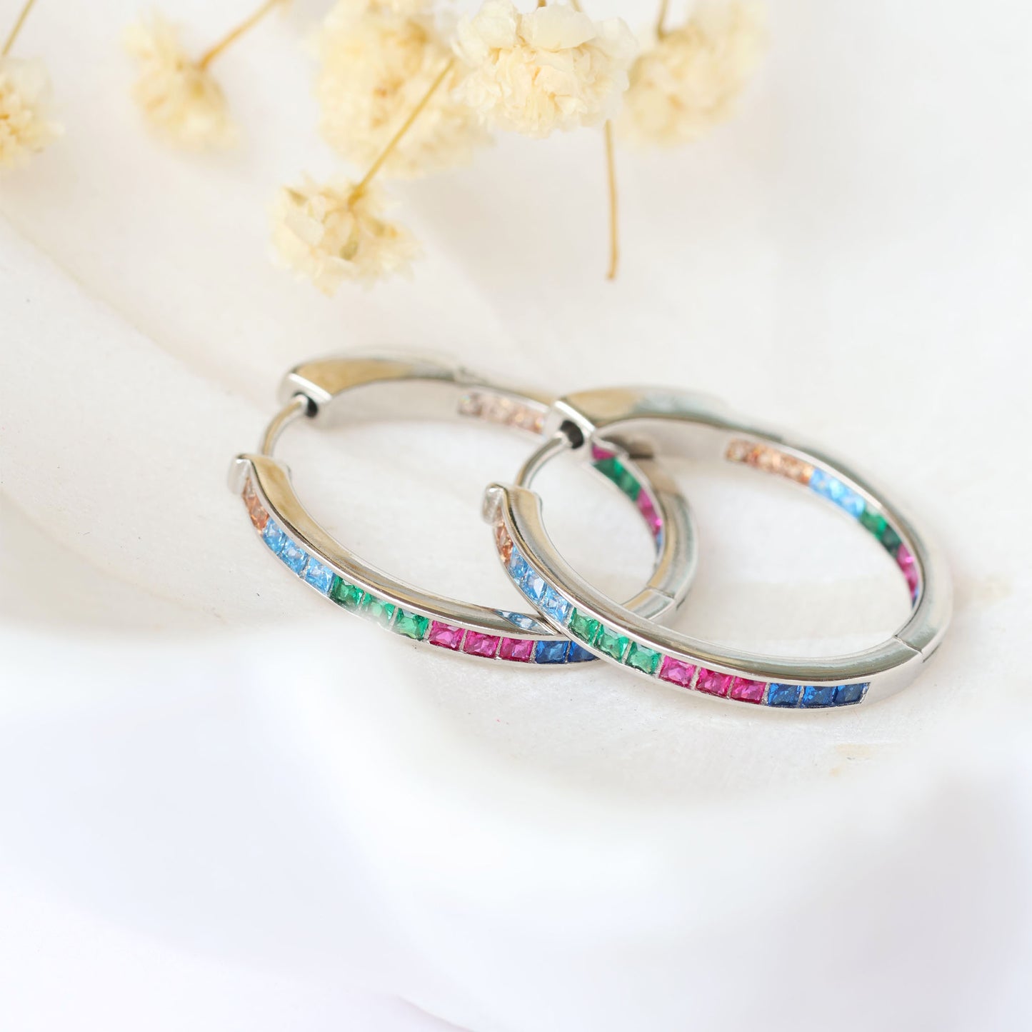 Silver Hoop Earrings with Coloured Stones