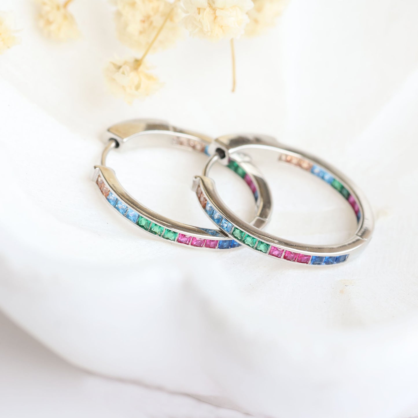 Silver Hoop Earrings with Coloured Stones