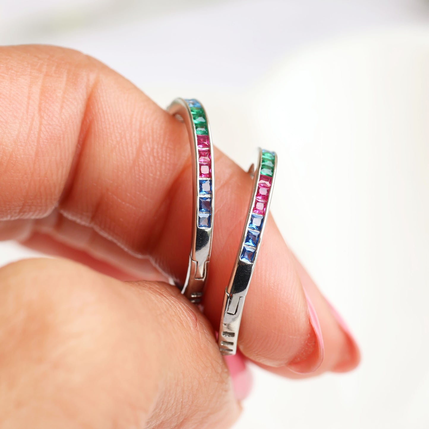 Silver Hoop Earrings with Coloured Stones