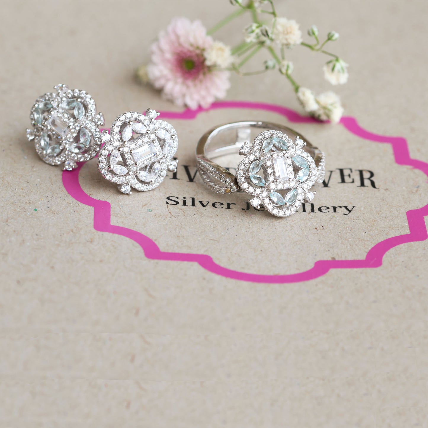 Silver & Cubic Zirconia Earrings and Ring Set